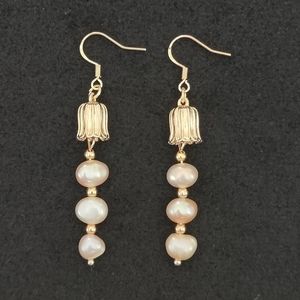NWT HANDMADE GOLD FRESHWATER PINK PEARL AND FLOWER EARRINGS